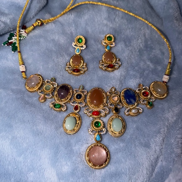Jewelry - Indian Sabyasachi inspired Elegant Multicolor Gemstone Necklace and Earring Set